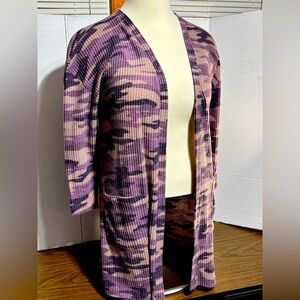 Lola Grace XL Camouflage Open-Front Cardigan no buttons 2 pockets 35”L purple